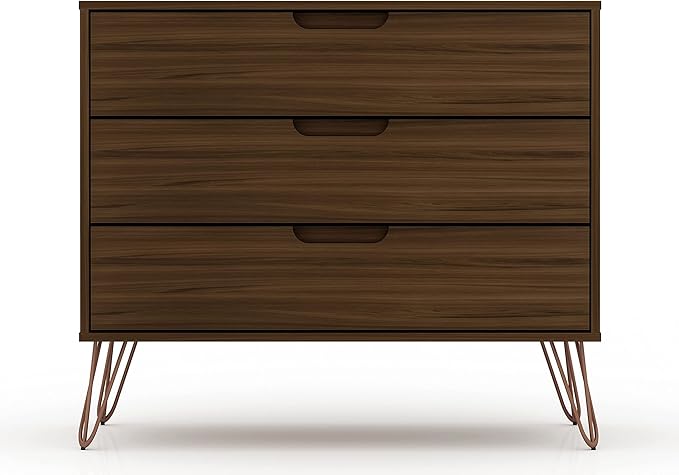 Manhattan Comfort Rockefeller 3 Drawer Dresser for Bedroom Storage, Nursery, Closet, Living Room, Entryway, TV Stand for Screens up to 32 Inches, Anti-Tip Kit Included, Set of 2, Brown