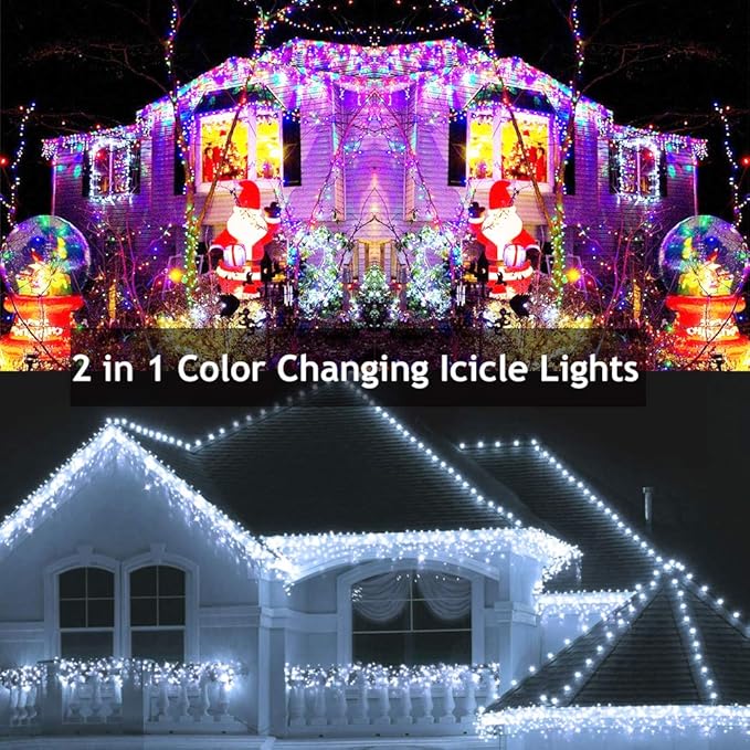 Toodour Christmas Icicle Lights Outdoor, 2 in 1 White & Multicolor Color Changing Icicle Lights with 60 Drops, 29.5ft 360 LED Christmas Light Fairy Twinkle Light for Wedding Home Outdoor Xmas Decor