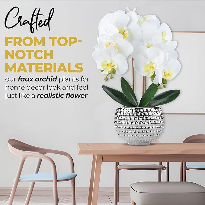 Large Orchids Artificial Flowers, 17'' White Faux Orchids with Gold Pot for Living Room Decor, White Faux Orchid Plant for Bathroom Kitchen Home Indoor Hotel Decor (Large Silver)