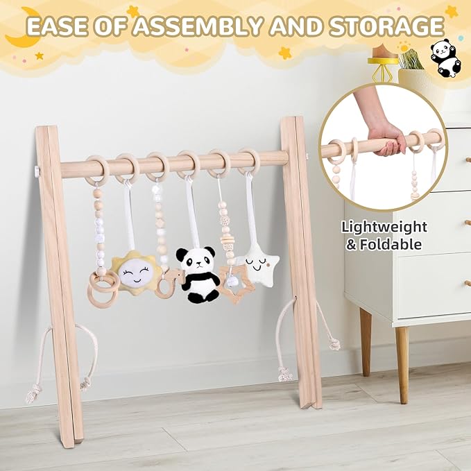 Wooden Play Gym with Mat, Foldable Baby Activity Gyms for Infants Newborn Baby Girl and Boy, Tummy Time Baby Infant Toys 0-6 6-12 Months (Gray)
