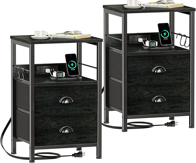 Furologee Nightstand Set of 2, Black Oak, with Charging Station and USB Ports, Side Tables with 2 Fabric Drawers, Bedside Tables with Storage Shelf & Hooks, for Living Room/Bedroom