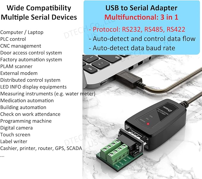 DTECH USB to Serial Adapter RS422 RS485 R232 to USB Cable (3 in 1 Interface) Supports DC 5V with Breakout Board LED Lights for Multi-Kind Control Devices Windows 11 10 8 7 XP Mac (1.5ft)