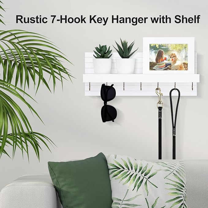 Decorative Key Holder for Wall with Shelf, Entryway Shelf with Hooks Holds Leashes, Jackets and Glasses – Sturdy Wood Keyholder Entrance Hanger with Mounting Hardware (White, Large)