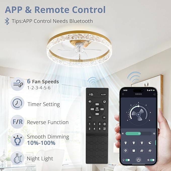 LEDIARY 20" Modern Ceiling Fans with Lights and Remote, Dimmable Low Profile Ceiling Fan, Flush Mount Fan, Stepless Color Temperature Change and 6 Speeds - Gold