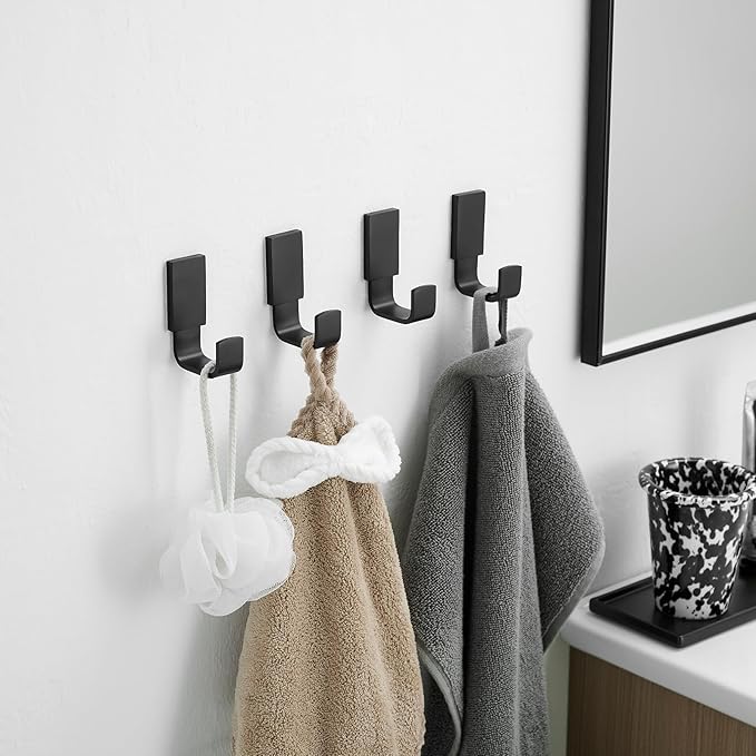BESy Brass Clothes Hook Single Towel Hook for Bathroom Kitchen Garage Square Style Robe Hooks Coat Hooks Hat Hook, Self Adhesive with Glue or Wall Mounted with Screws, Four Packs, Matte Black