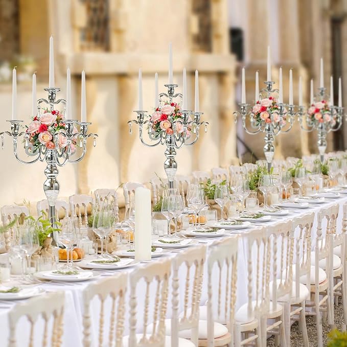 20.3'' Tall 5 Arm Silver Metal Candelabra Centerpiece for Table, Retro Table Centerpieces for Party, Events, Home, Wedding Decor (4)