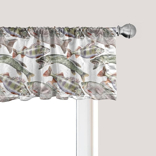 Ambesonne Fishes Window Valance Pack of 2, Watercolor Common Carp Perch and Bass Freshwater Animals Themed Seafood Drawing, Rod Pocket Curtain Valances for Kitchen Bedroom, 54" X 12", Pale Blue Grey