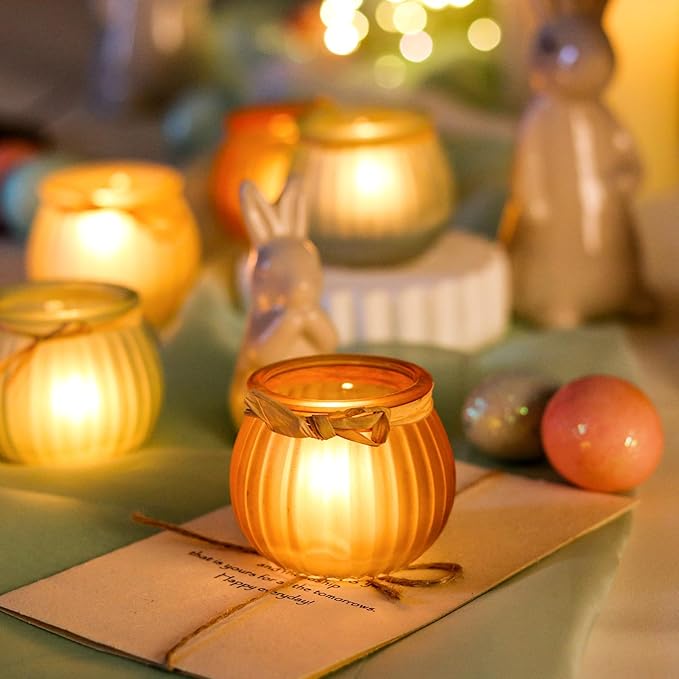 WDHODEC Fall Votive Candle Holders Set of 12, Pumpkin Glass Tea Lights Candle Holder for Thanksgiving Halloween Table Fireplace Decor