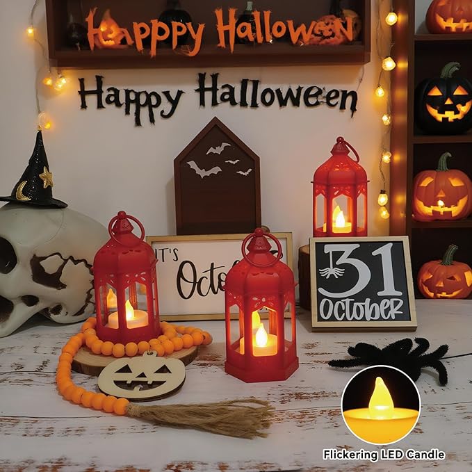 LLQ 8 Pcs Mini Lantern Decor Moroccan Lantern with Flickering LED Candle Table Centerpiece Small Vintage Christmas Hanging Lamp Ornaments Bulk for Wedding Halloween Christmas Party (5 Inch,Red)