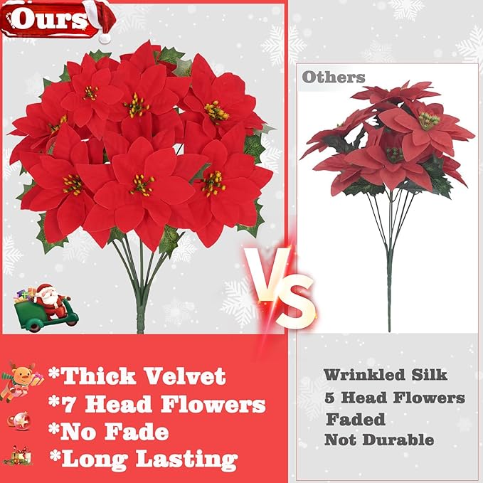 8 Pack Poinsettia Flowers Artificial Christmas Decorations, Red Poinsettia Flowers for Christmas Tree, Velvet Poinsettias Artificial Flowers for Xmas Decor DIY for Home Vase Indoor Outdoor Garden