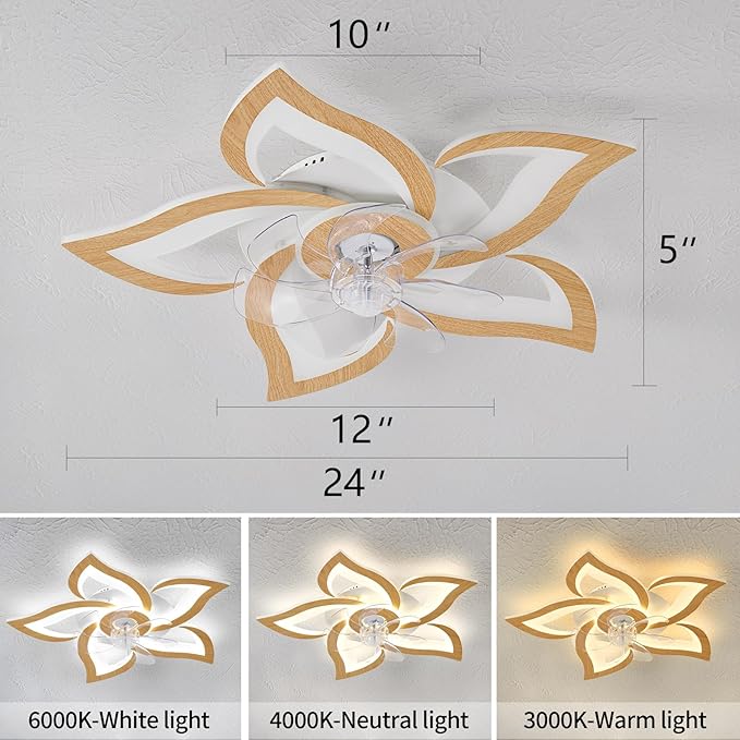 24" Wooden Geometric Ceiling Fan with Lights Remote Control, 3 Light Color 6 Speeds Low Profile Flush Mount Ceiling Fan for Kitchen Bedroom Living Room