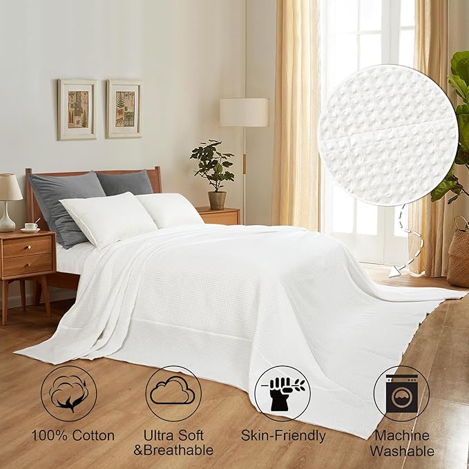 PHF Pre-Washed Cotton Waffle Weave Family Blanket,Oversized King Size 120"x 120"-Snag Proof Lightweight Breathable, 10'x 10' Huge Extra Large Big-Elegant Aesthetic Home Decoration Gift,Cream