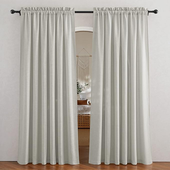 RYB HOME Linen Wonven Curtains Light Filtering Privacy UV Protection Window Blinds & Shades Draperies for Basement, Farmhouse, Villa, Boys Girls Bedroom, W 70 x L 95 inch, Grey, 2 Panels Set