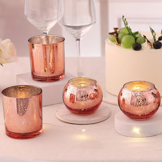 20 Pcs Assorted Rose Gold Candle Holders Bulk, Rose Gold Birthday Decorations for Table, Larger Size Mercury Glass Candle Holders for Wedding, Votive Holders for Valentines, Bridal Shower