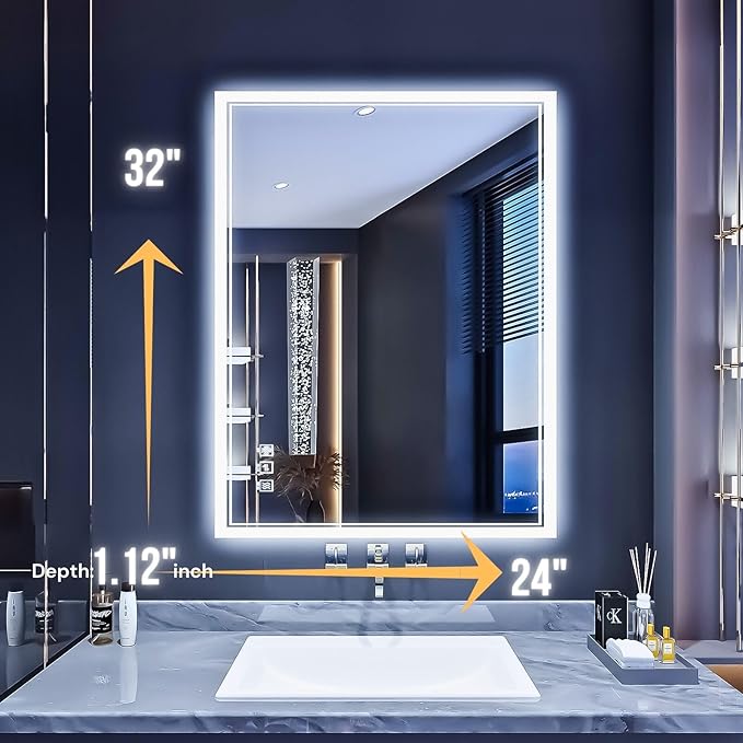 LED Bathroom Mirror 24"x 32", Backlit Bathroom Mirror with Lights,Stepless Dimmable,Anti-Fog, Shatter-Proof, Memory, 3 Colors Lighted Vanity Mirror (Horizontal/Vertical)