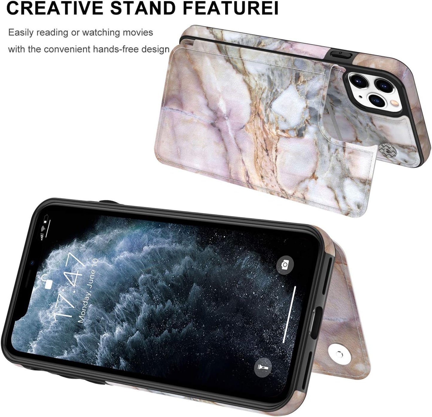 LETO iPhone 11 Pro Max Case, Leather Wallet Flip Folio Cover with Card Slots and Kickstand, Protective Phone Case (Pink