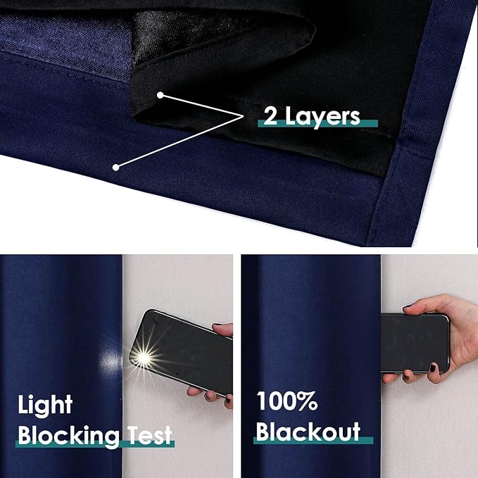 ChrisDowa 100% Blackout Curtains for Bedroom with Black Liner, 2 Thick Layers Total Blackout Thermal Insulated Grommet Small Window Curtains 2 Panels Set (Navy Blue, 42 x 54 Inch)