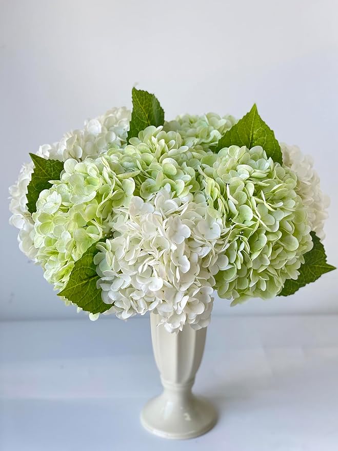 YalzoneMet Artificial Hydrangea Flowers 4 Pcs 2 White 2 Light Green 21 inch Long Rod Real Touch Lifelike Fake Latex Hydrangea Flowers for Home Party Outdoor Wedding Gifts Christmas Table Decoration