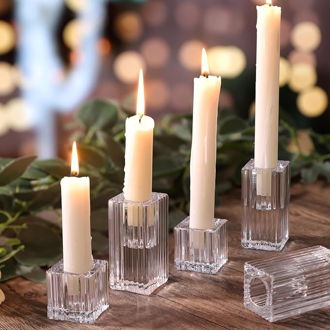 LETINE 12pcs Vertical Stripe Glass Candlestick Holders - Chic Taper Candle Sticks Holder Set for Elegant Dining & Home Decor - Ideal for Wedding Centerpieces, Parties, and Celebrations