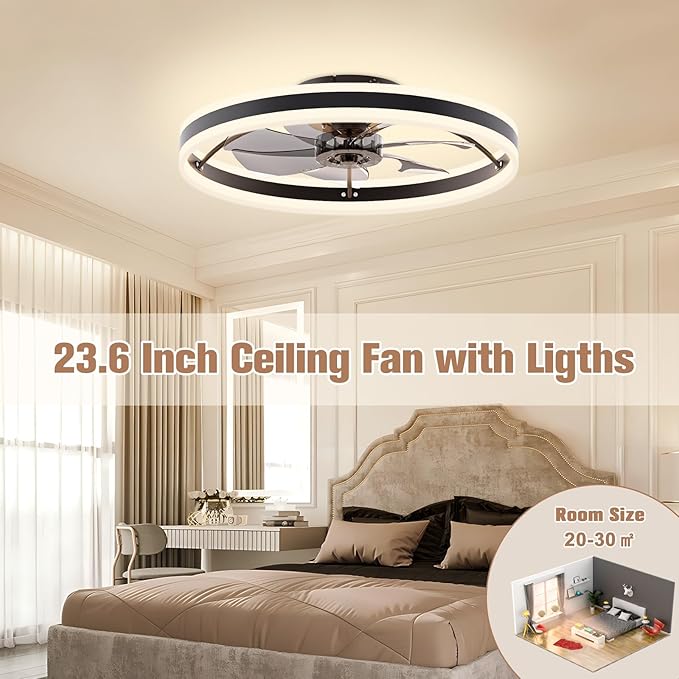 VOLISUN Low Profile Ceiling Fans with Lights and Remote, 23.6in Flush Mount Ceiling Fans with Light, 3000K-6500K Dimmable Fandelier LED Fan Light, Black Bladeless Ceiling Fans with Lights for Bedroom