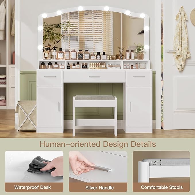 usikey 43.3” Vanity Desk with Large Mirror and Lights, Makeup Vanity with 3 Lighting Color Adjustable, Dressing Table Set with Storage Cabinet, Drawers and Chair for Girls Bedroom, White