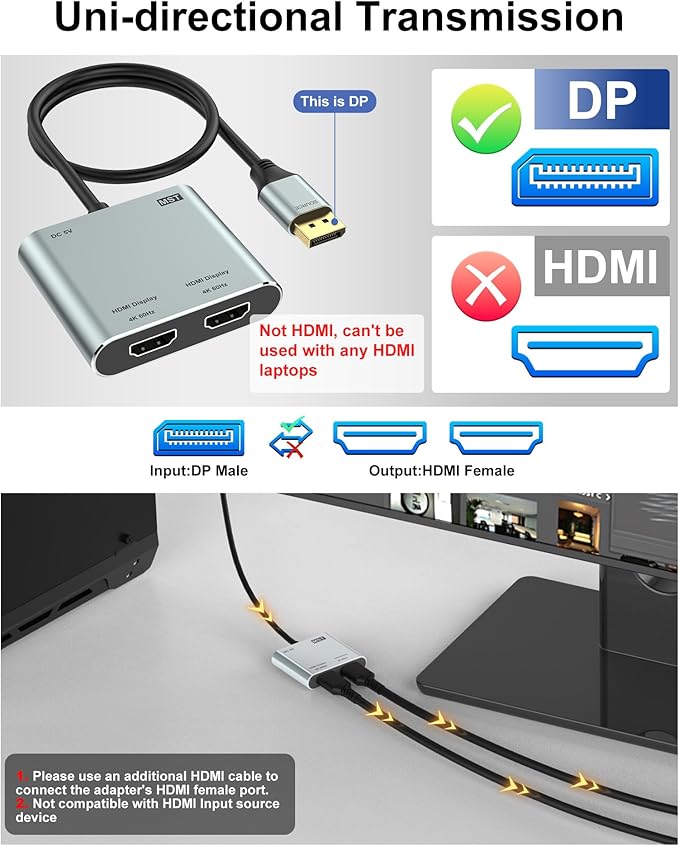 DisplayPort to Dual HDMI Adapter, 4K@60Hz HDMI Splitter Extended Display 1 in 2 Out MST Hub for Dual Monitors, Display Port to HDMI Splitter for PC, NVIDIA, AMD Graphic Card