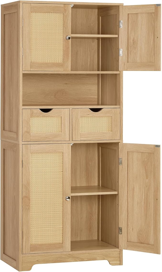 Iwell Tall Storage Cabinet with 2 Drawers & Adjustable Shelves, Rattan Cabinet, Kitchen Storage Cabinet, Pantry Cabinet with 4 Doors, Tall Cabinet for Living Room, Kitchen, Home Office, Natural