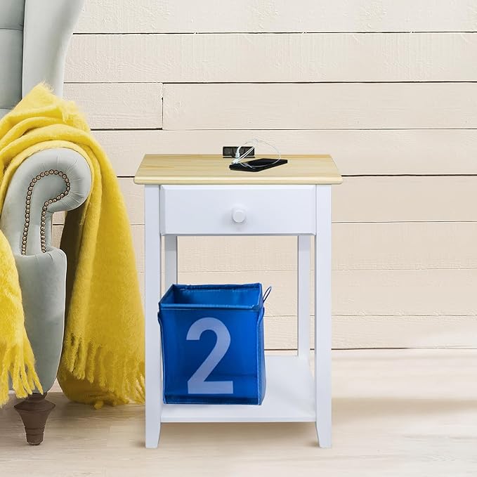 Casual Home Owl Night Stand with USB Port Charging Station and Drawer, 17.5" W x 14.25" D x 24.5" H, Natural White