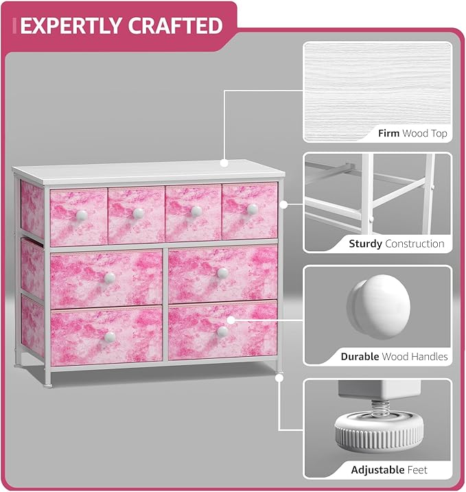 Sorbus Fabric Dresser for Kids Bedroom - Chest of 8 Drawers, Storage Tower, Clothing Organizer, for Closet, for Playroom, for Nursery, Steel Frame, Fabric Bins - Knob Handle (Tie-dye Pink)
