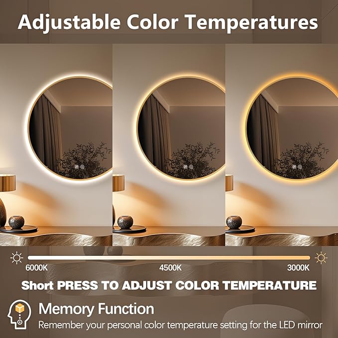 Niccy Round Led Mirror for Bathroom, 28" Backlit Mirror for Wall Circle Lighted Mirror with Gold Frame Anti-Fog, 3 Colors, HD Glass and IP65 Waterproof