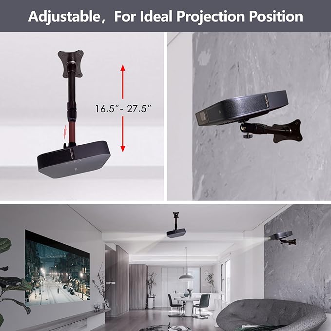 Mini Projector Ceiling Wall Mount Adjustable Height 16.5 to 27.5 inches with 360°Rotatable 11 Lbs Load Small Projector Holder 1/4 inch Mounting Bracket Hanger Stand