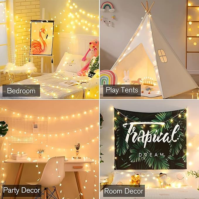 ANJAYLIA Star Lights 100 LED 32 FT Battery Operated String Lights Battery Power Star Fairy Lights for Bedroom Indoor & Outdoor, Party, Ramadan, Christmas Decorations Warm White