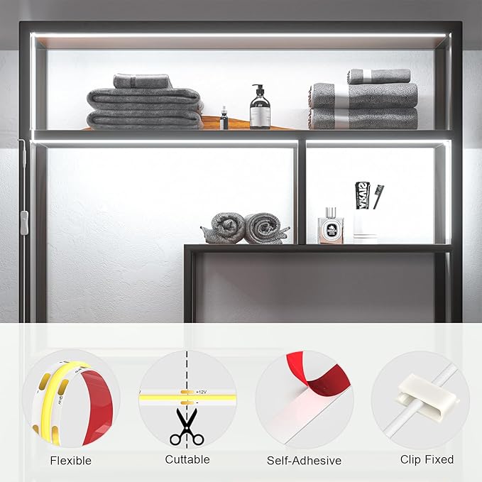 WOBANE Under Cabinet Lighting,Flexible COB LED Strip Light,Under Counter Lights for Kitchen,Mirror,Ceiling,Room,TV,Shelf,Cupboard,Desk,Showcase,ETL Listed,6.6ft,640LEDs,6000K White,900lm