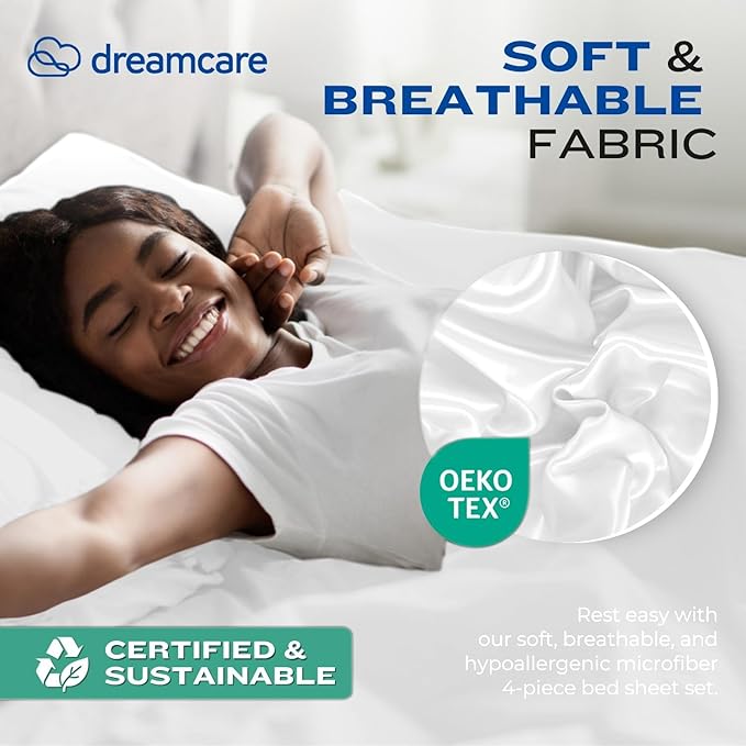 DREAMCARE Queen Sheet Set – 4 pcs Cooling Sheets – up to 21” Extra Deep Pocket Queen Sheets – Hotel Luxury Sheets & Pillowcases – Superior Softness 100% Fine Microfiber with Side Pocket – White
