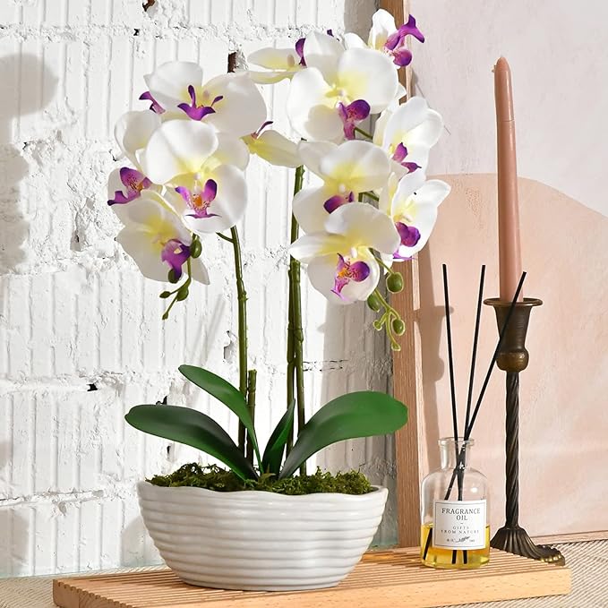 Large Artificial Potted Orchid Plant, Silk Flower Arrangement with Ceramics Vase, White