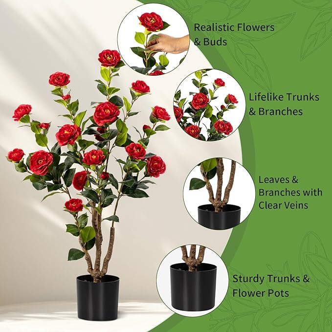 Artificial Camellia Tree 2 Pack, Artificial Plants Outdoor Faux Floral Plant in Cement Pot Fake Red Silk Camellia Tree Plants for Home House Living Room Office Decor (Red (2 Pack))