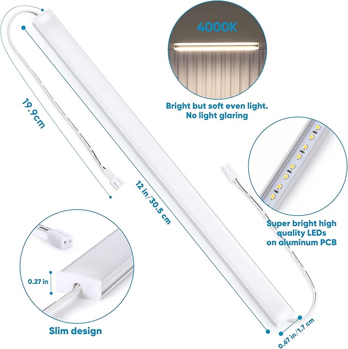 Litever Under Cabinet Lights Plug in, 3 pcs 12 Inches LED Light Strips. Super Bright Dimmable. for Kitchen Counter Top Shelf Workbench Closet Display Bookshelf Lighting. Cool White 4000K