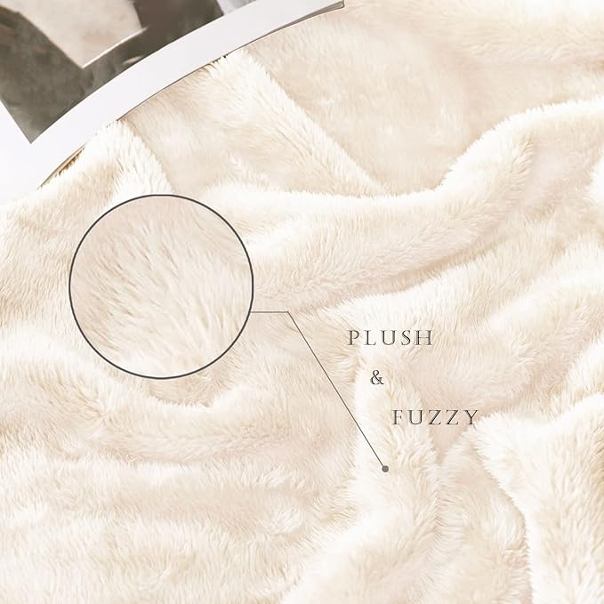 Exclusivo Mezcla Plush Fuzzy Fleece Bed Blanket Queen Size, Super Soft, Fluffy and Warm Blankets Suitable for All Seasons (Ivory, 90x90 Inches)
