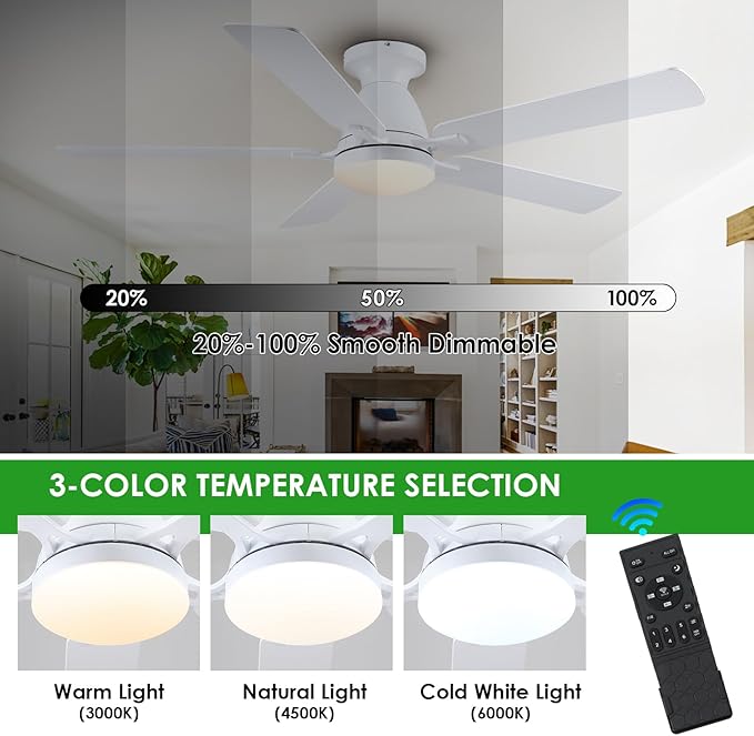 Ceiling Fans with Lights, 56" Flush Mount Ceiling Fan with Light and Remote/APP Control, Low Profile, Modern Ceiling Fan Reversible, Dimmable, Noiseless, White for Bedroom
