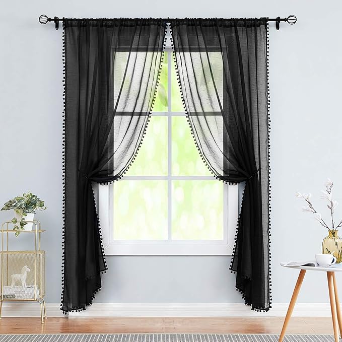 Treatmentex Pom-pom Sheer Black Curtains for Living Room 84 inches Length Modern Window Curtain Panels for Kids Room Drapes 1 Pair Rod Pocket