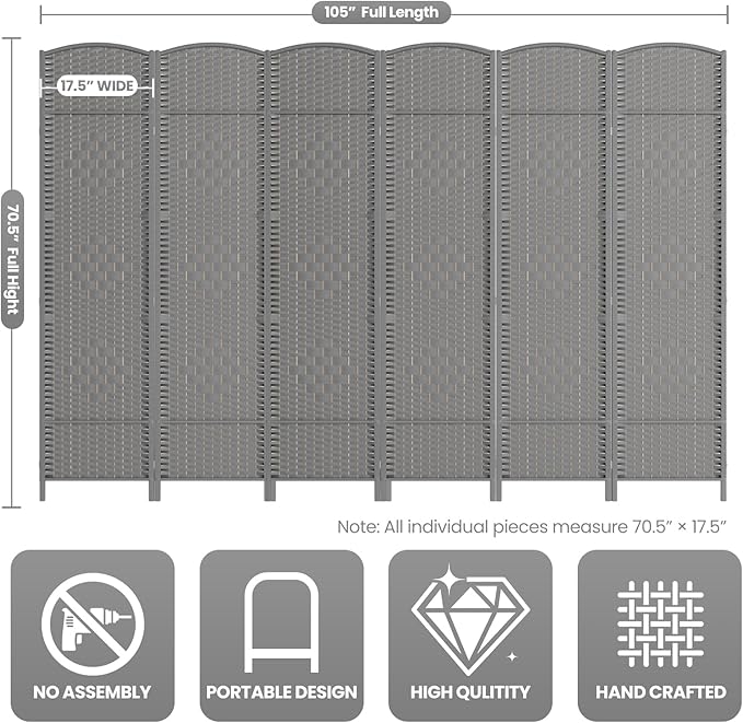 Folding Room Divider, Weave Fiber Privacy Screen, Extra Wide Room Screen Divider Separator, Decorative Separation Wall Divider, Freestanding Room (Grey, 6-Panel)