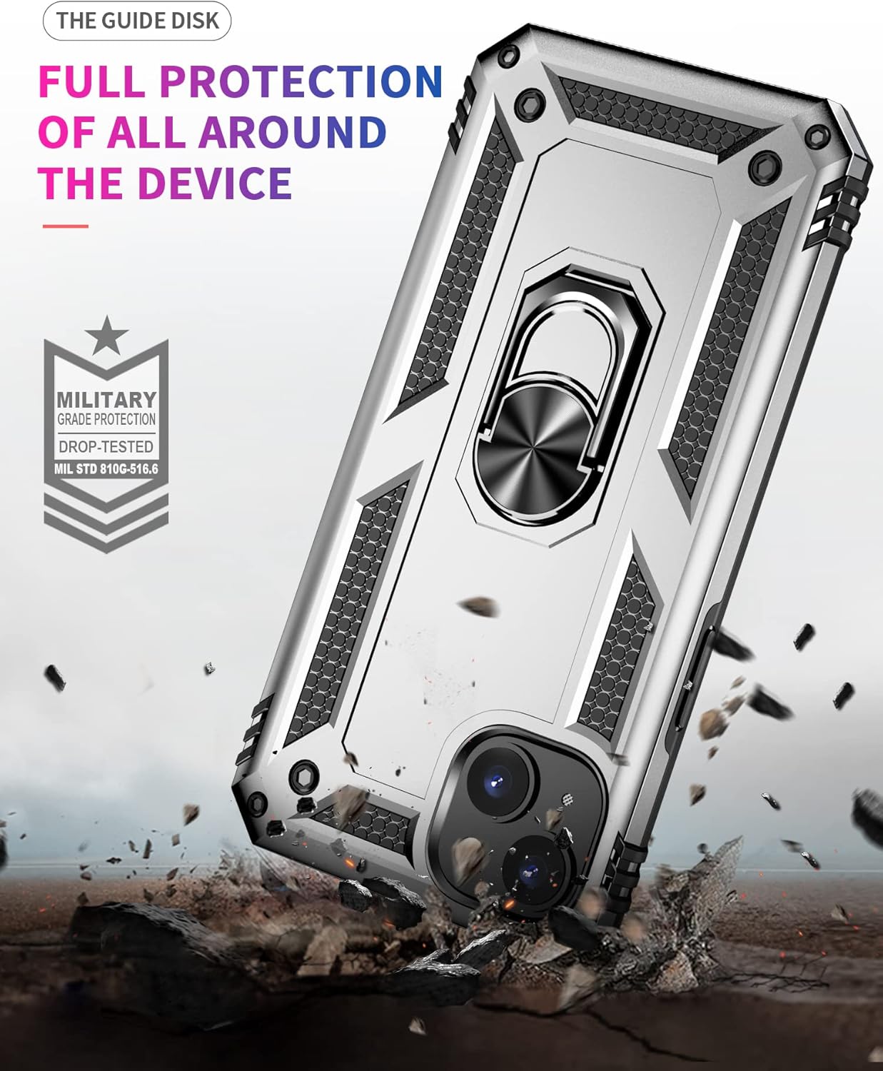 Military Grade Drop Impact Case for iPhone 14 Plus, 360 Metal Rotating Ring Kickstand Holder Armor Heavy Duty