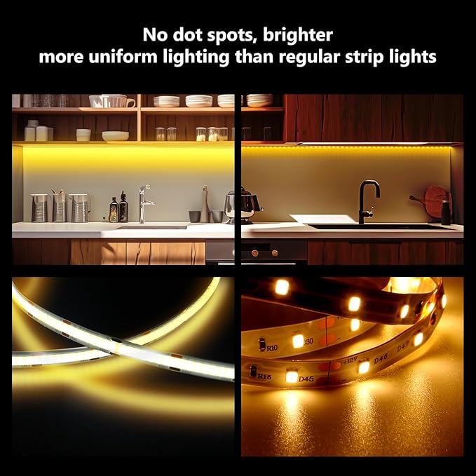 phopollo COB LED Strip Lights, 608 LEDs/m High Density Flexible 24V Led Lights with Remote & Touch Control, Dimmable 2700K-6500K for Bedroom, Kitchen, Cabinet Lighting-16.4ft
