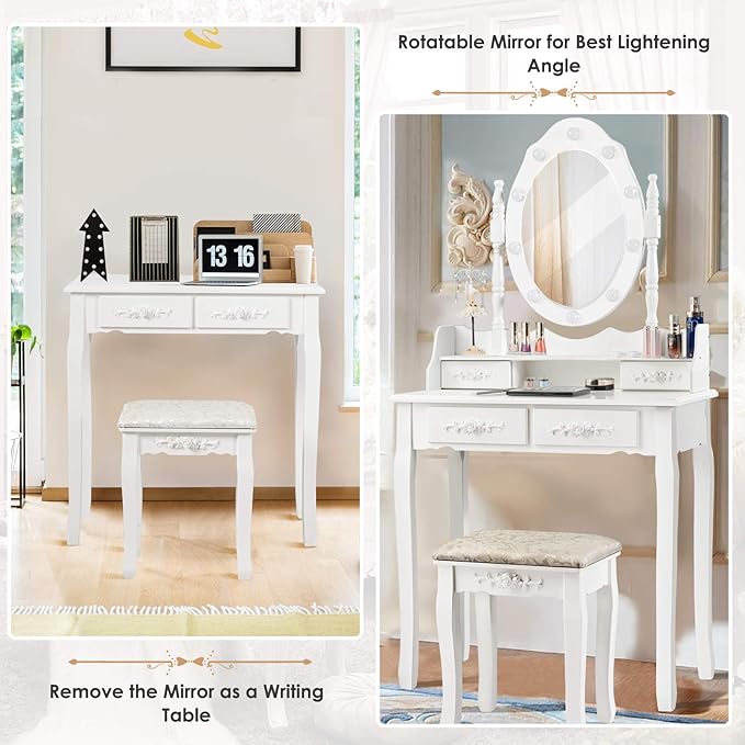 CHARMAID Makeup Vanity Table with 10 LED Lights, 4 Drawers, Storage Shelf, Rose Knob, Bedroom Dressing Makeup Table Vanity Desk with Cushioned Stool for Girls Women (White)