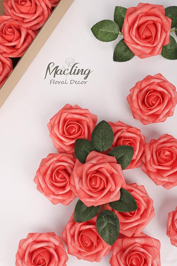 MACTING 30PCS Artificial Rose Flowers Real Touch Coral Red Flowers with Stem Fake Roses for DIY Wedding Bouquet Table Centerpieces Party Holiday Baby Shower Home Spring Mothers Day Decorations