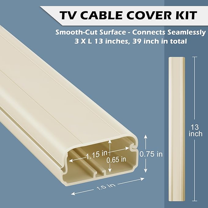 TV Cord Hider - 39in(3xL13in) Cord Covers for Wall Mounted TV Cable Hider Wall Kit | Wire Hiders for TV on Wall, Wire Covers for Cords, Cable Concealer Hide Cords, 1.5" W*0.75" H, Beige