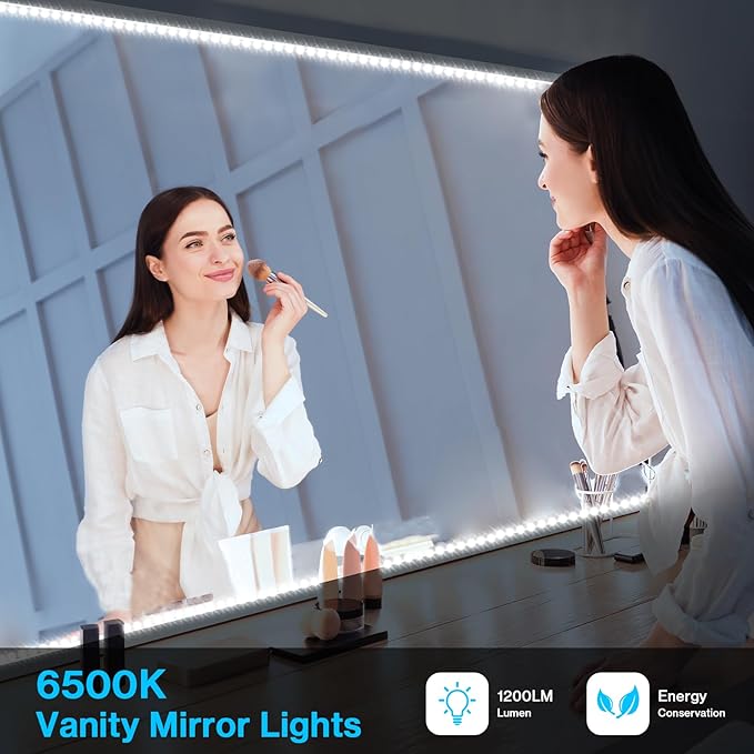 Olafus White LED Strip Lights, 32.8ft Dimmable Vanity Light, 6000K Daylight White LED Tape Lights with UL Listed Adapter, 12V 600 LEDs for Bedroom Kitchen TV Mirror Stair