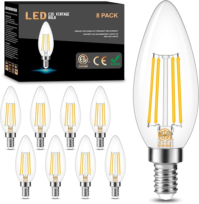 Cotanic Dimmable Candelabra LED Bulb 3000K Soft White,E12 Base Ceiling Fan Light Bulb 60W Equivalent, B11 LED Candle Shape with Clear Glass,C35 Filament Chandelier Light Bulb,600LM,8 Pack
