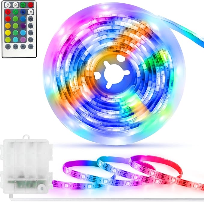 Battery Powered LED Strip Lights RGB, 60 LED 5050 Color Changing TV Backlights with 28-Key Remote Control, Cuttable Outdoor Strip Lights 6.6 Ft Self-adhesive DIY Lights for Skcteboard Bedroom Decor