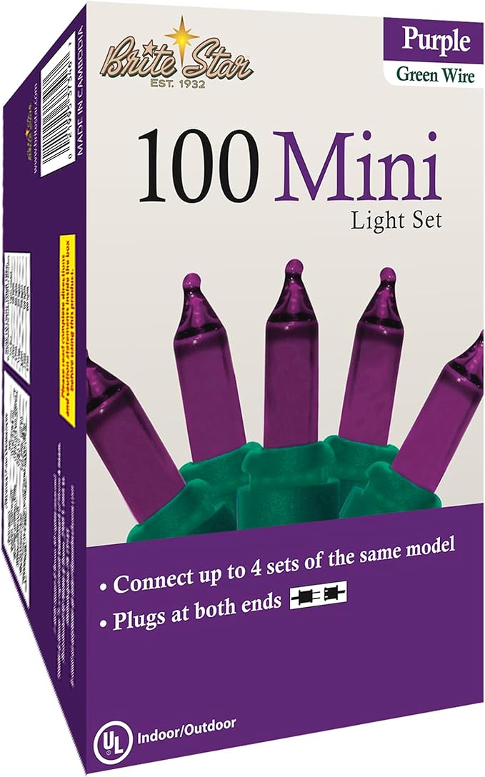 Brite Star 100 Count Mini String Christmas Lights, Purple - 22 feet Indoor/Outdoor Christmas Tree Lights with Green Wire